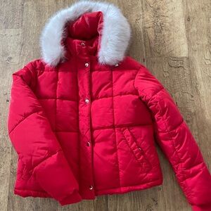 Topshop Red Puffer Jacket with Faux Fur Collar